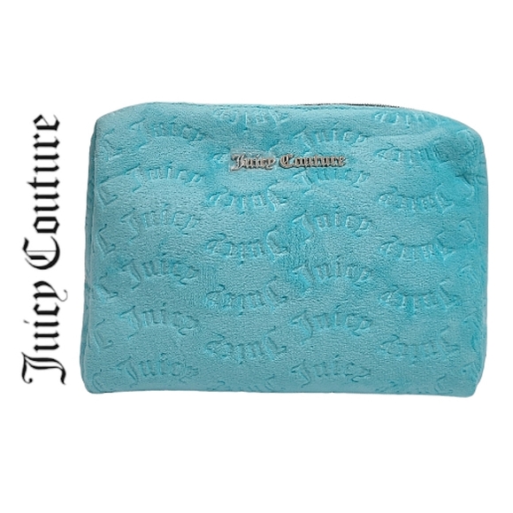 JUICY COUTURE Turquoise Velour Logo Print Wedge Accessory Make-up Case NWOT - Picture 1 of 16